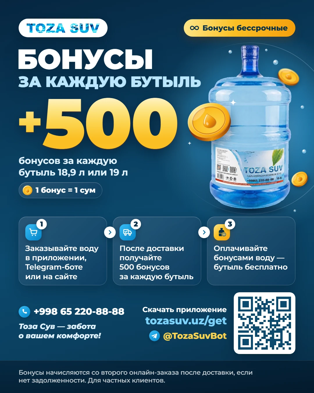Бонусы Toza Suv: +500 бонусов за каждую бутыль 18,9 л или 19 л, 1 бонус = 1 сум, бонусы бессрочные